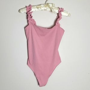 Sunday Best Pink Ruffled Strap Ribbed One-Piece Bodysuit